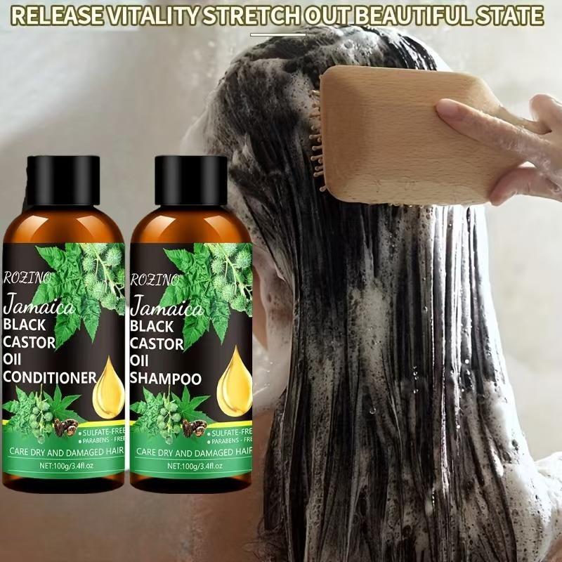 Rozino Jamaica Black Castor Oil Shampoo & Conditioner Set for Dry Damaged Hair Care Cleansing Routine 100g Each Bottle