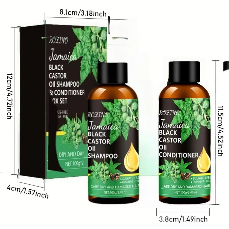 Rozino Jamaica Black Castor Oil Shampoo & Conditioner Set for Dry Damaged Hair Care Cleansing Routine 100g Each Bottle